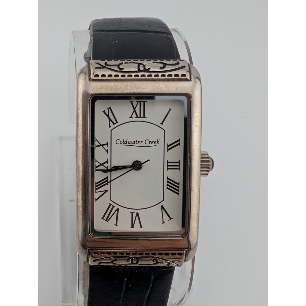 Coldwater Creek Tank Watch Women 24mm Case Black Leather Band- New Battery